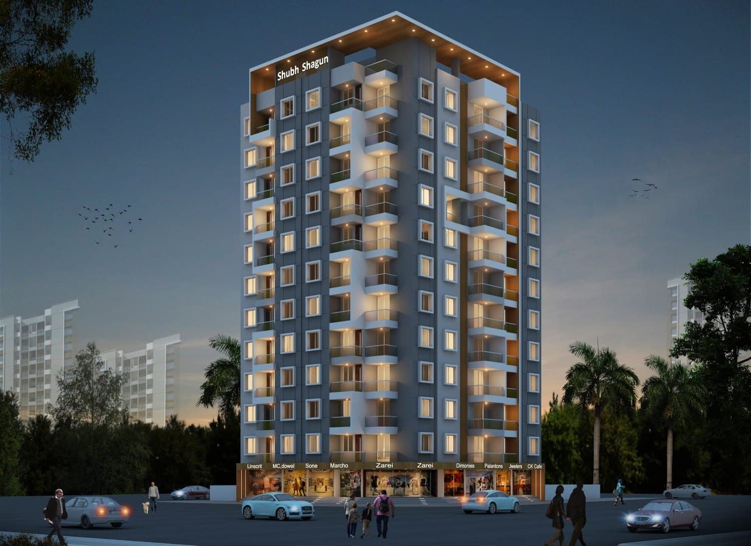 Shubh Shagun lit at dusk, a balconied tower above its retail frontage