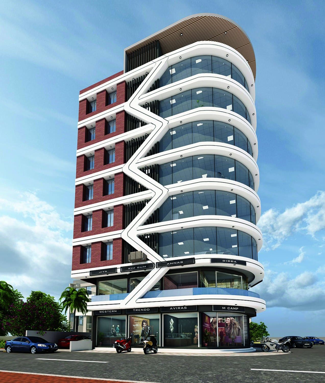 Curved glass and brick commercial tower above street-level shopfronts